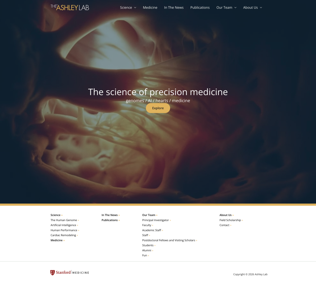 Ashley Lab at Stanford University WordPress website redesigned by Wired Moon with streamlined content organization and admin workflow - Home Page
