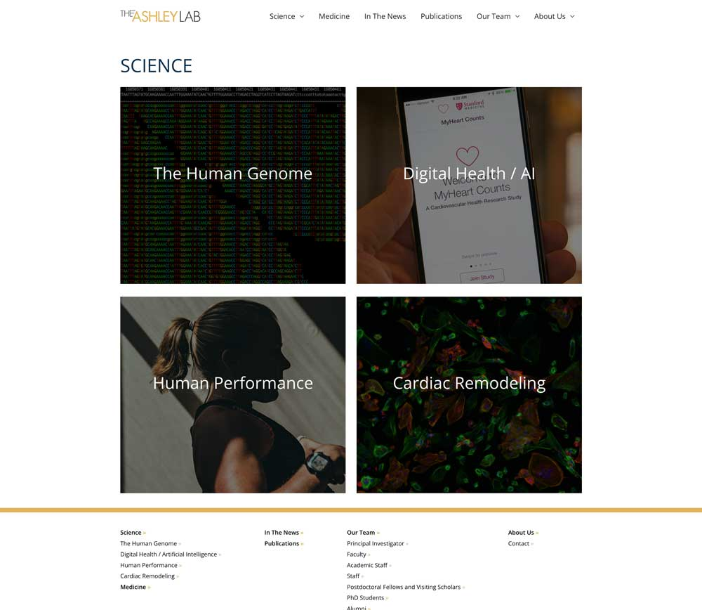Ashley Lab at Stanford University WordPress website redesigned by Wired Moon with streamlined content organization and admin workflow -Science Landing Page