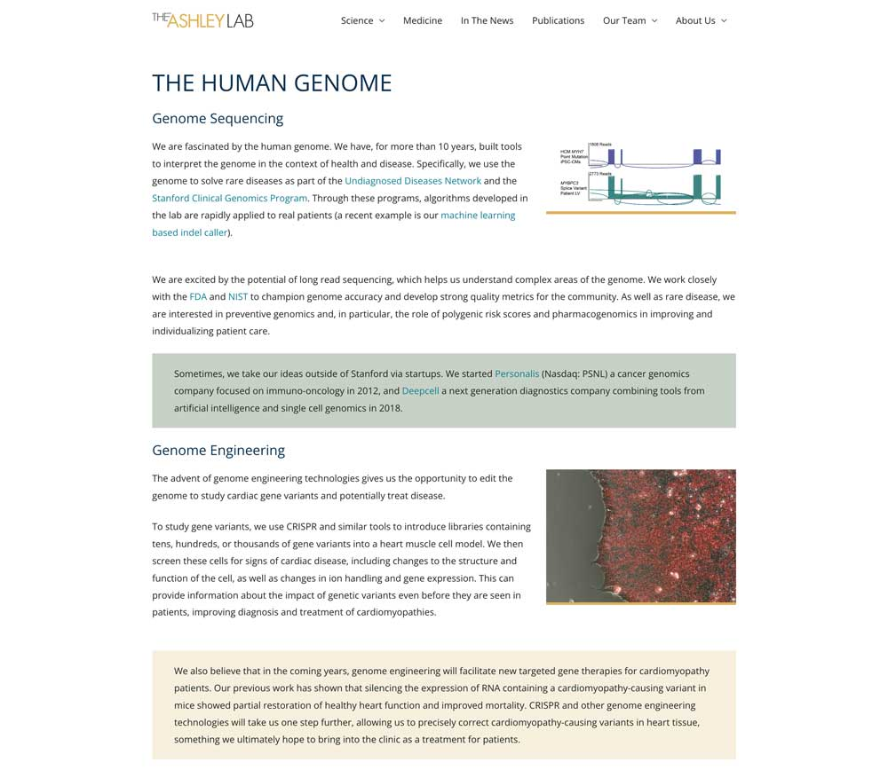 Ashley Lab at Stanford University WordPress website redesigned by Wired Moon with streamlined content organization and admin workflow - The Human Genome Page