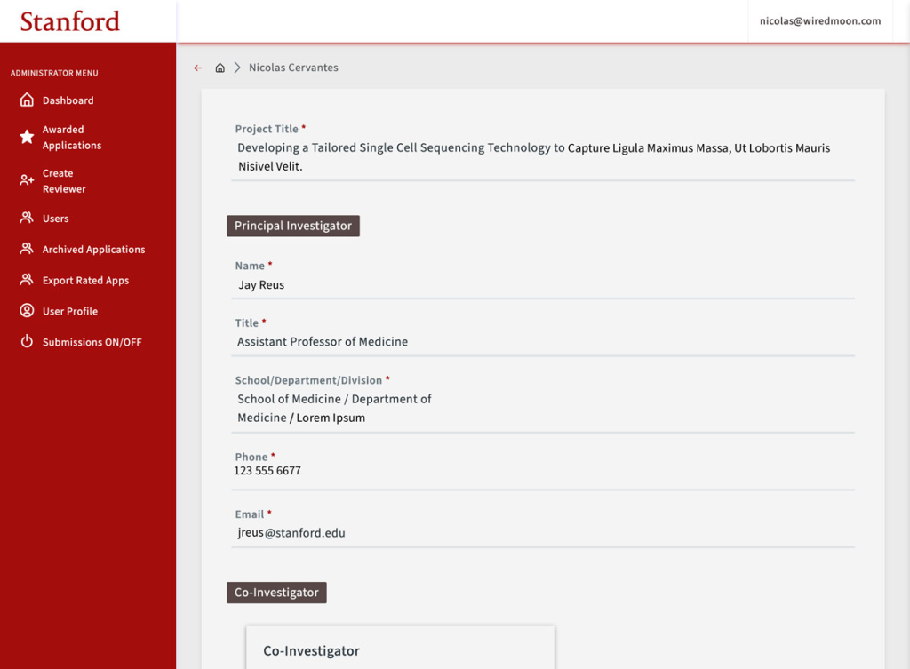 Beckman Center Seed Grant Proposal System admin dashboard, a custom Laravel application built by Wired Moon for full grant lifecycle management - Principal Investigator submission page