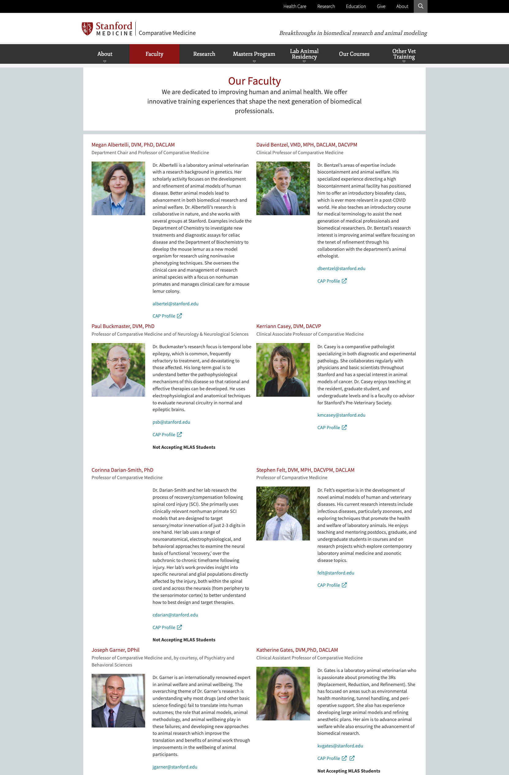 Stanford Comparative Medicine website redesigned by Wired Moon in AEM to showcase research strengths and attract graduate students - Faculty Page