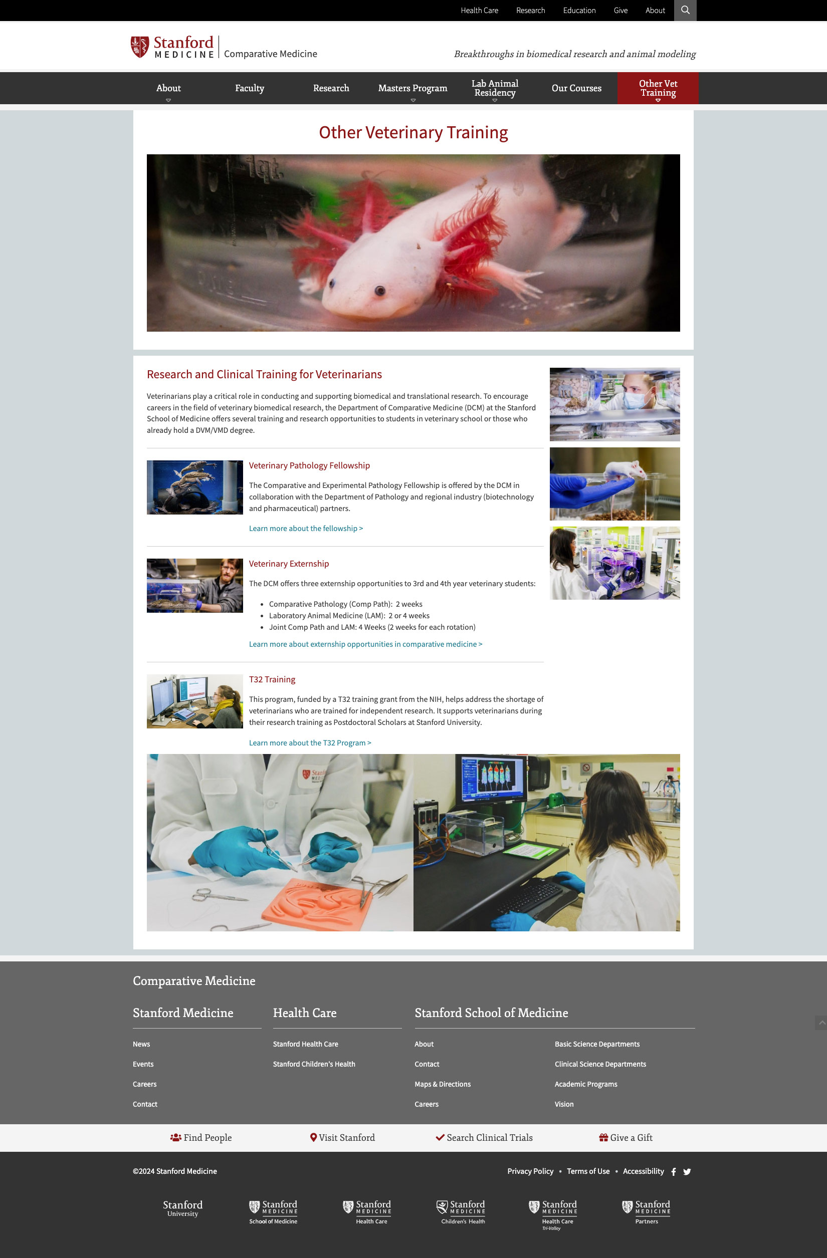 Stanford Comparative Medicine website redesigned by Wired Moon in AEM to showcase research strengths and attract graduate students -Other Vet Training Page