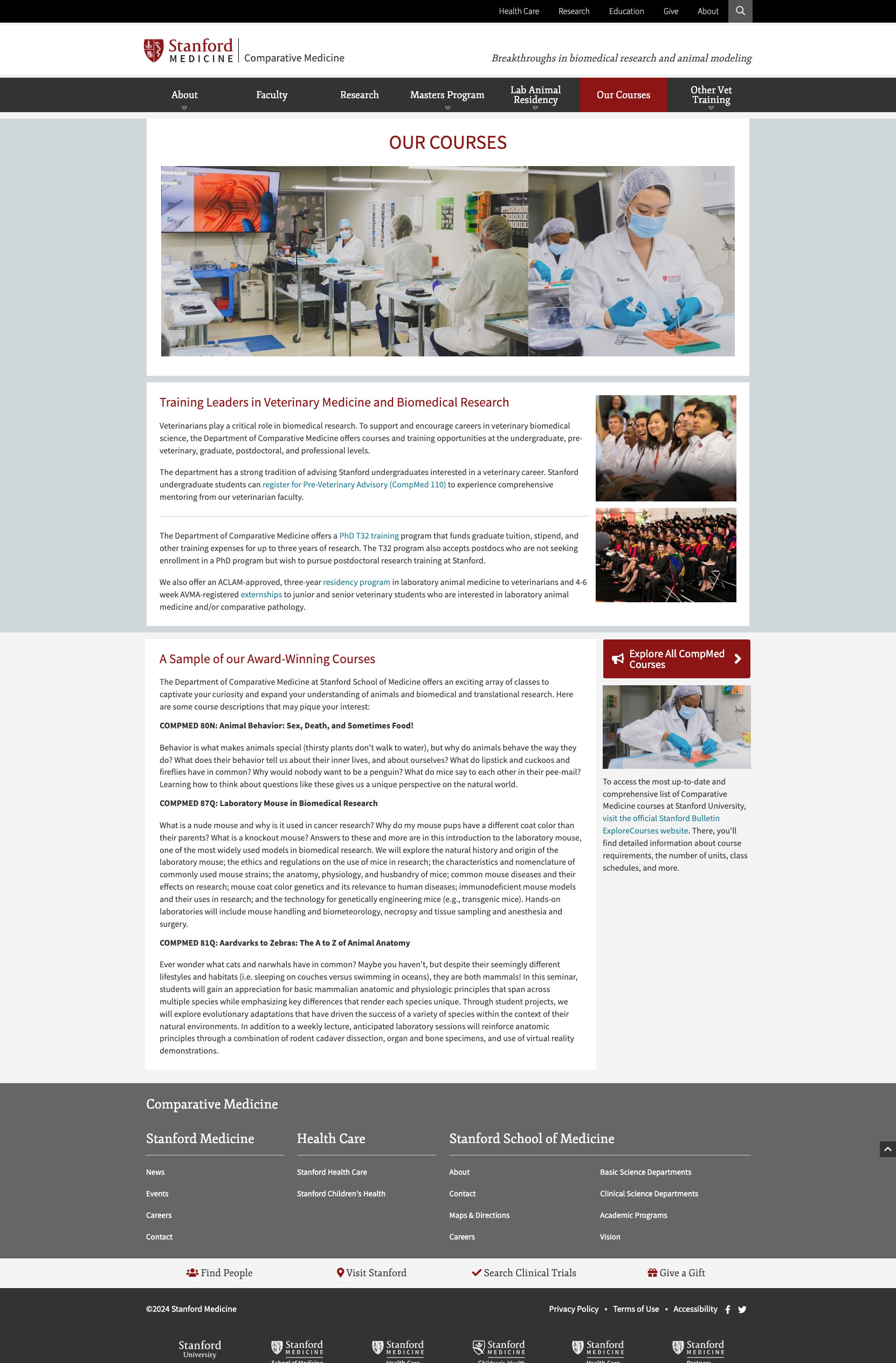 Stanford Comparative Medicine website redesigned by Wired Moon in AEM to showcase research strengths and attract graduate students - Our Courses Page