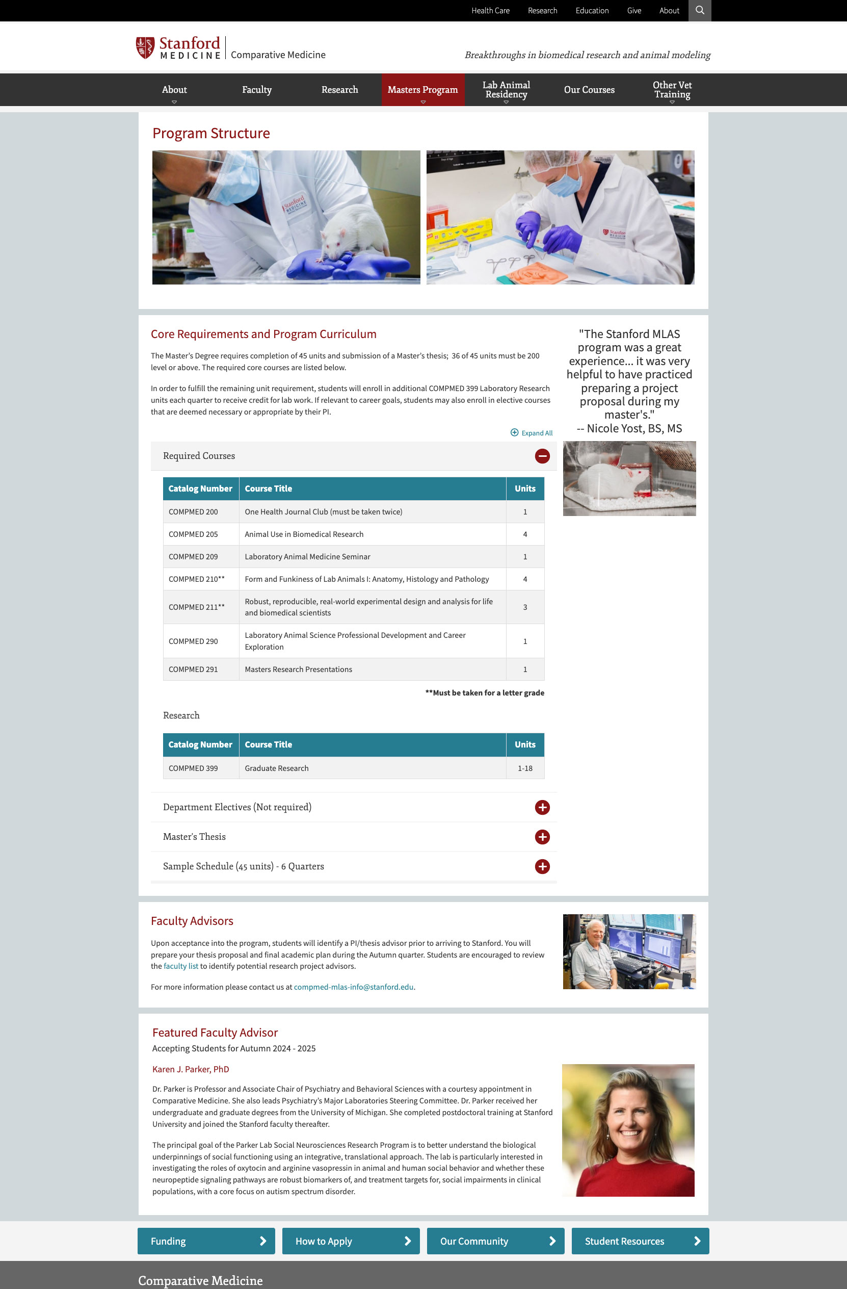 Stanford Comparative Medicine website redesigned by Wired Moon in AEM to showcase research strengths and attract graduate students - Program Structure Page
