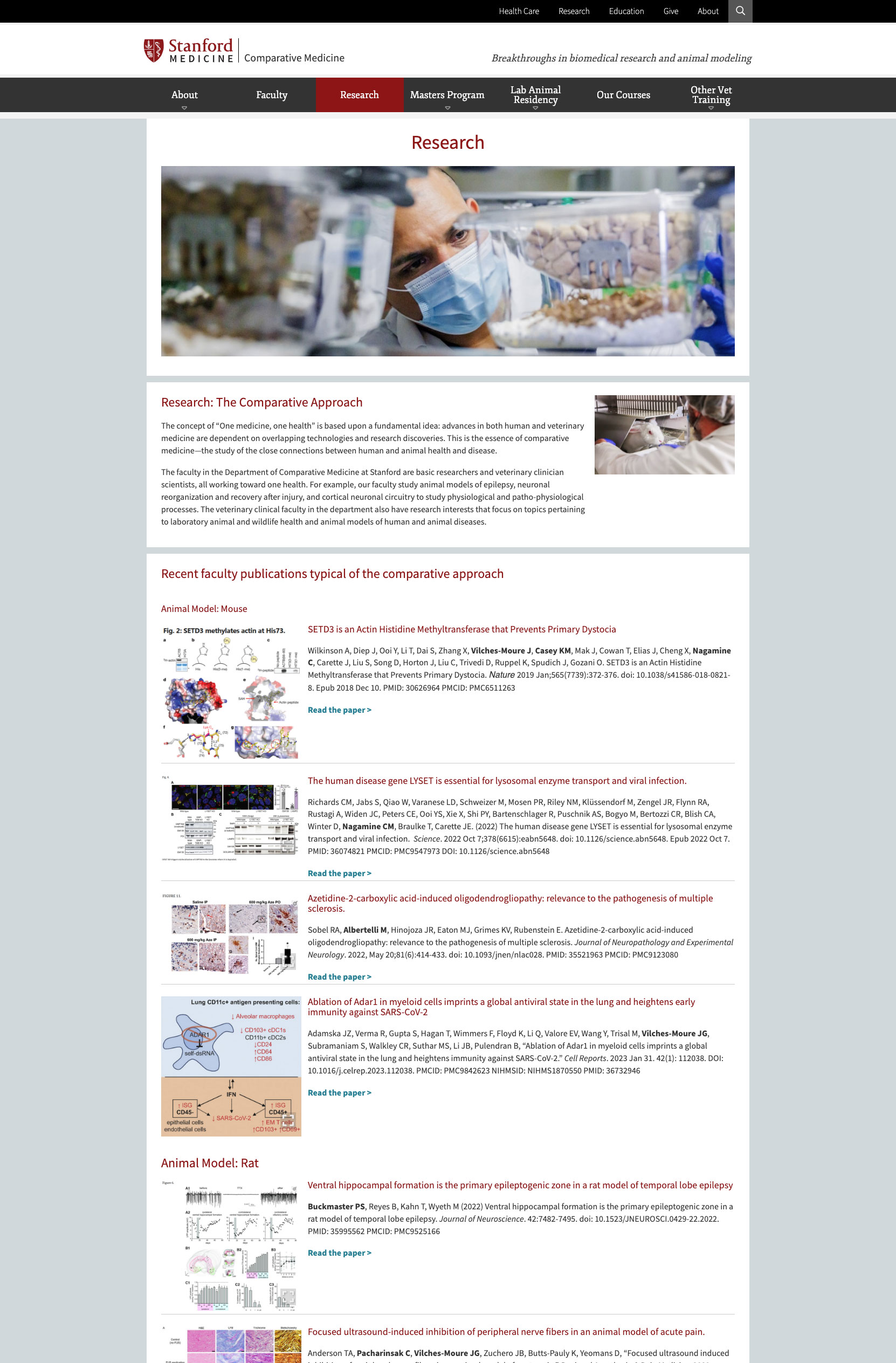 Stanford Comparative Medicine website redesigned by Wired Moon in AEM to showcase research strengths and attract graduate students - Research Page