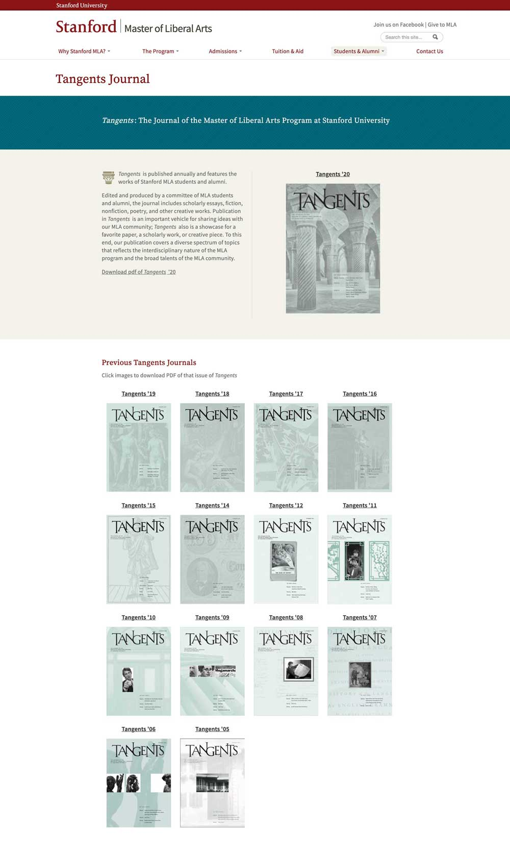Stanford Master of Liberal Arts program website rebuilt in Drupal by Wired Moon with a modern, mobile-friendly design - Tangents Journal Page