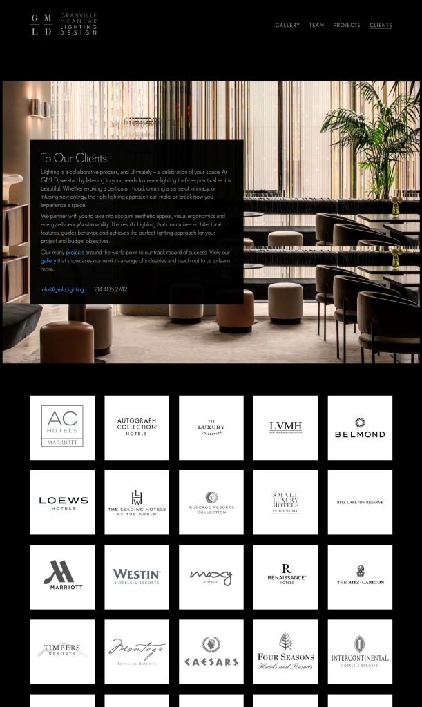 Granville McAnear Lighting Design homepage featuring drone video and photo gallery, built by Wired Moon in WordPress - Clients Page