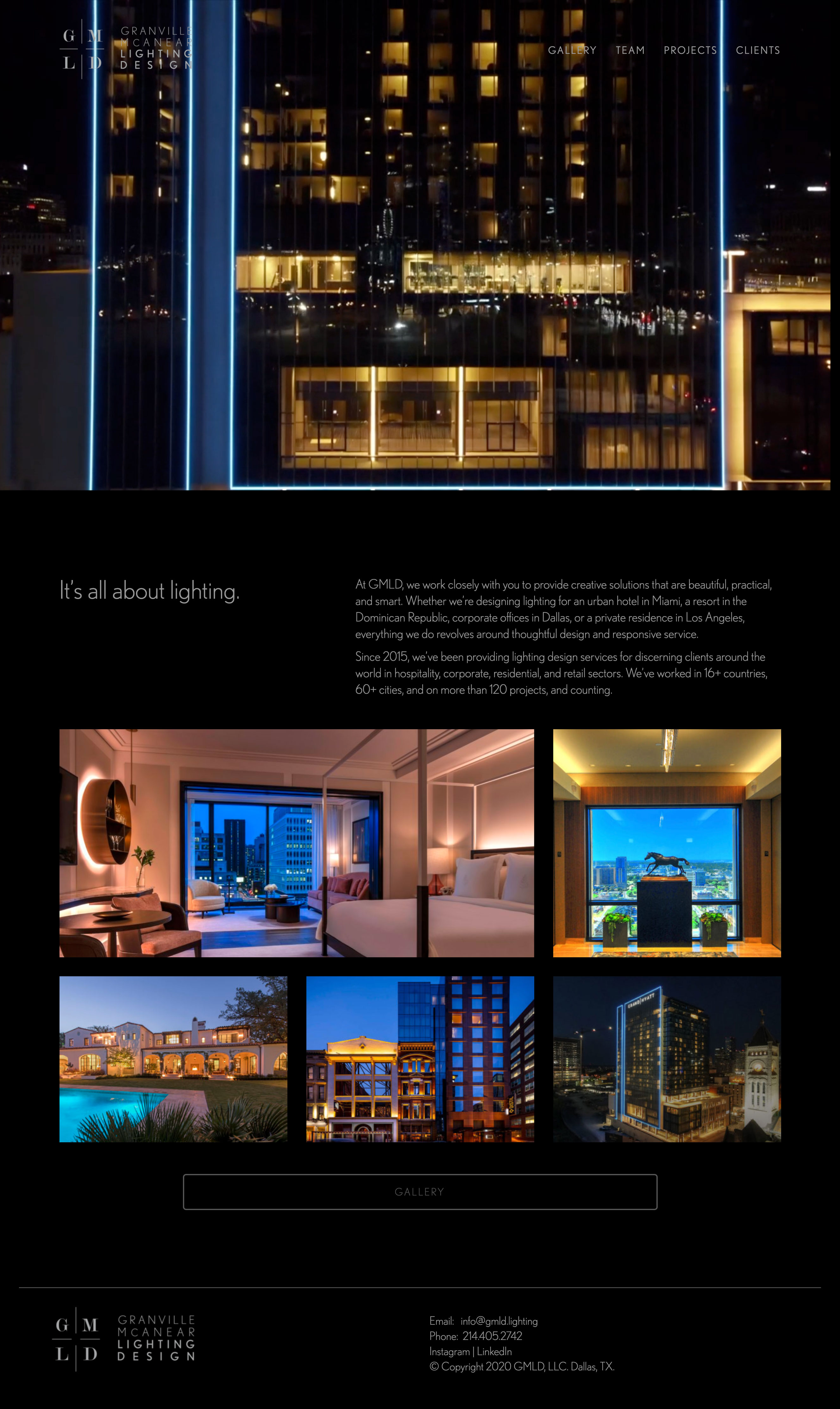 Granville McAnear Lighting Design homepage featuring drone video and photo gallery, built by Wired Moon in WordPress - Home Page