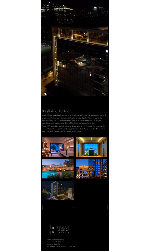 Granville McAnear Lighting Design homepage featuring drone video and photo gallery, built by Wired Moon in WordPress - Mobile View