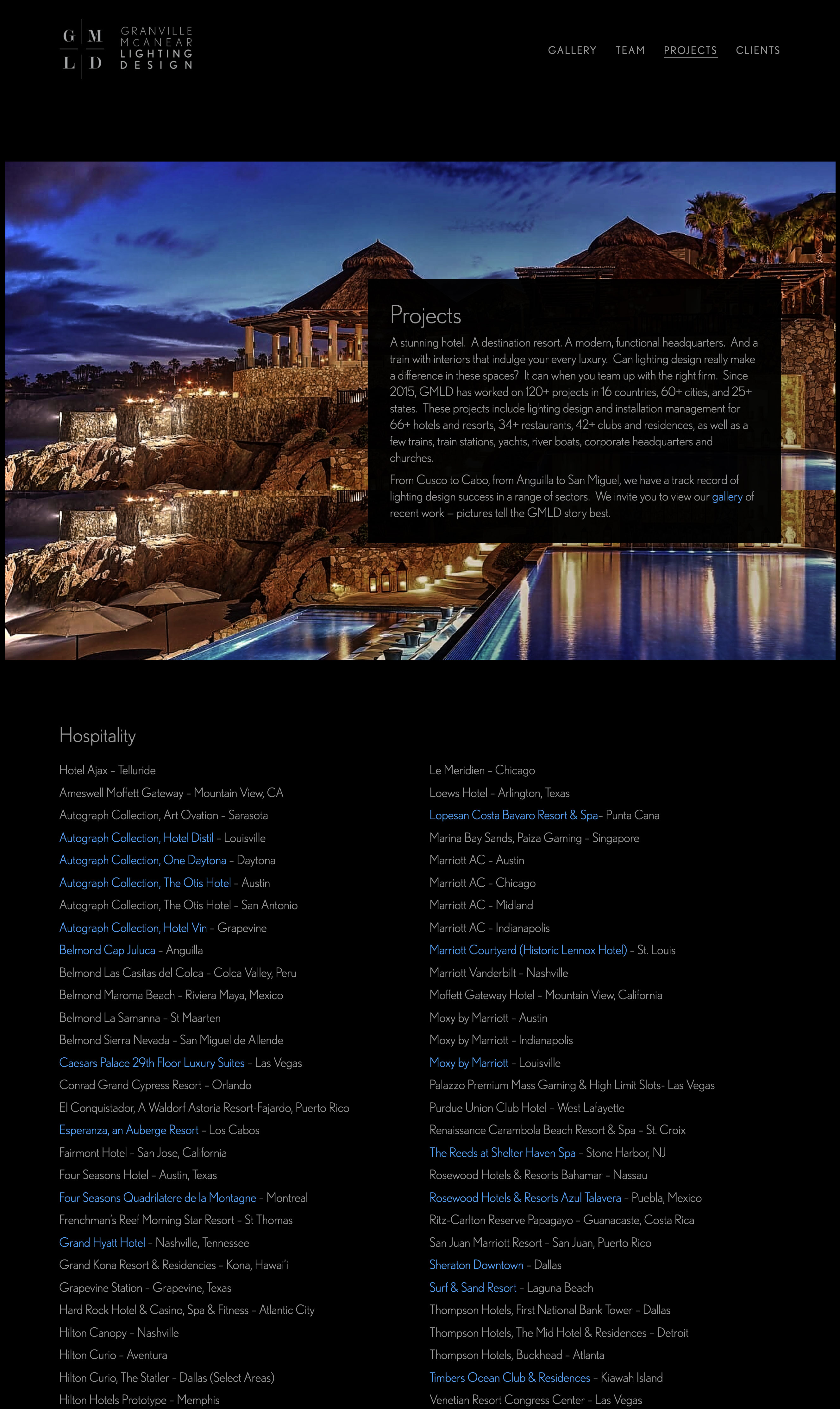 Granville McAnear Lighting Design homepage featuring drone video and photo gallery, built by Wired Moon in WordPress - Projects Page