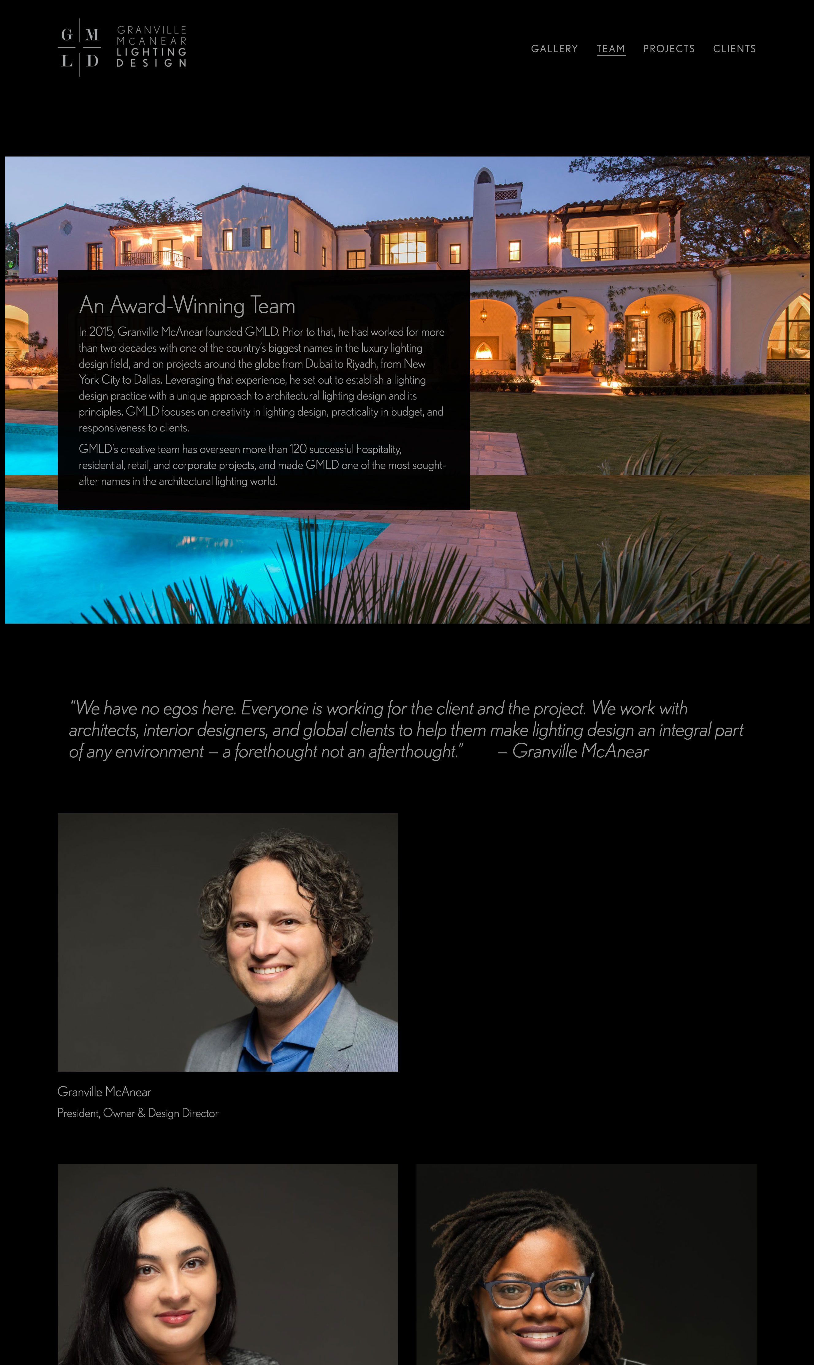 Granville McAnear Lighting Design homepage featuring drone video and photo gallery, built by Wired Moon in WordPress - Team Page