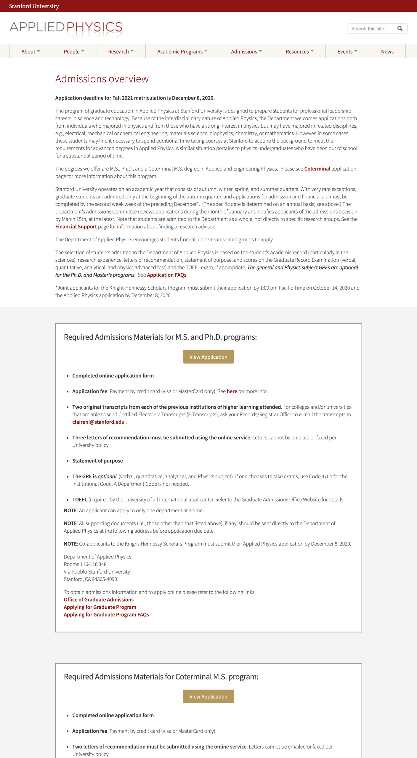 Stanford Applied Physics program website rebuilt in Drupal by Wired Moon with custom content types and faculty self-service profiles - Home Page