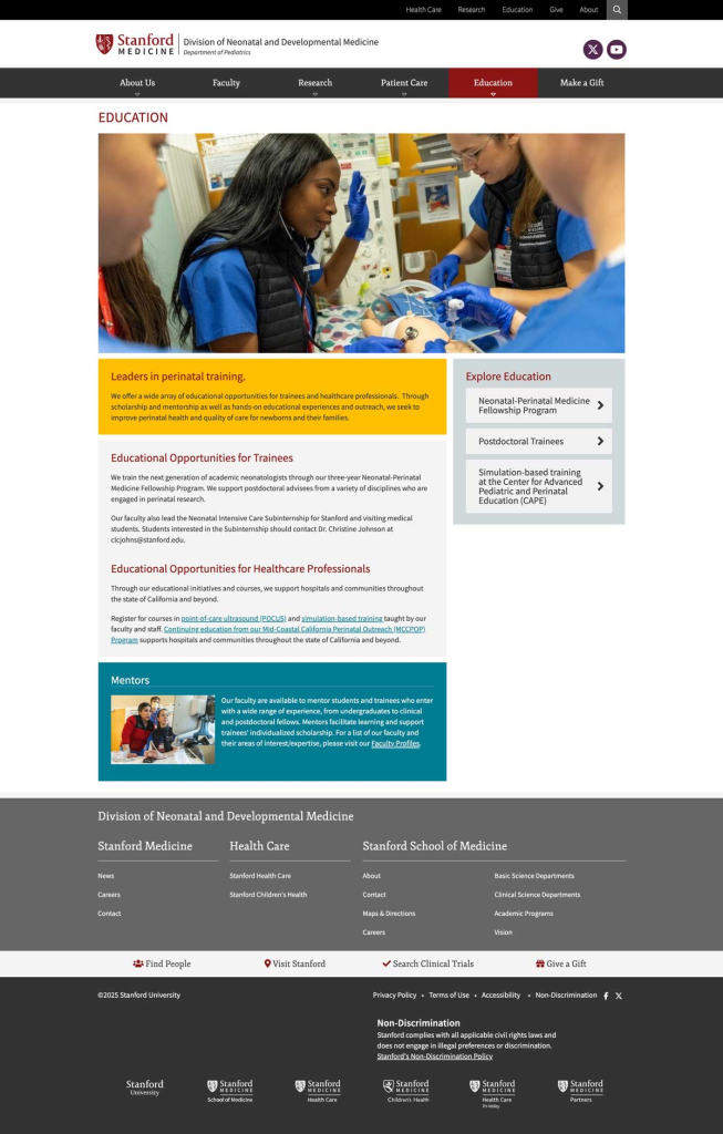 Screenshot of the Stanford Division of Neonatal and Developmental Medicine website, redesigned by Wired Moon in Adobe Experience Manager - Education Page