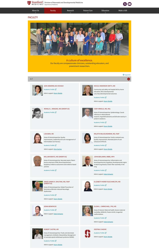 Screenshot of the Stanford Division of Neonatal and Developmental Medicine website, redesigned by Wired Moon in Adobe Experience Manager - Faculty Page