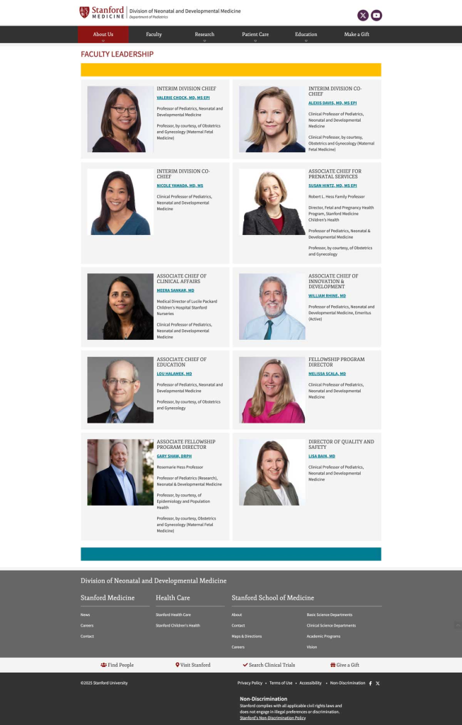 Screenshot of the Stanford Division of Neonatal and Developmental Medicine website, redesigned by Wired Moon in Adobe Experience Manager - Faculty Leadership Page