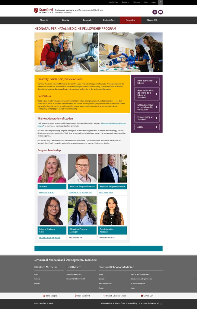 Screenshot of the Stanford Division of Neonatal and Developmental Medicine website, redesigned by Wired Moon in Adobe Experience Manager - Fellowship Page