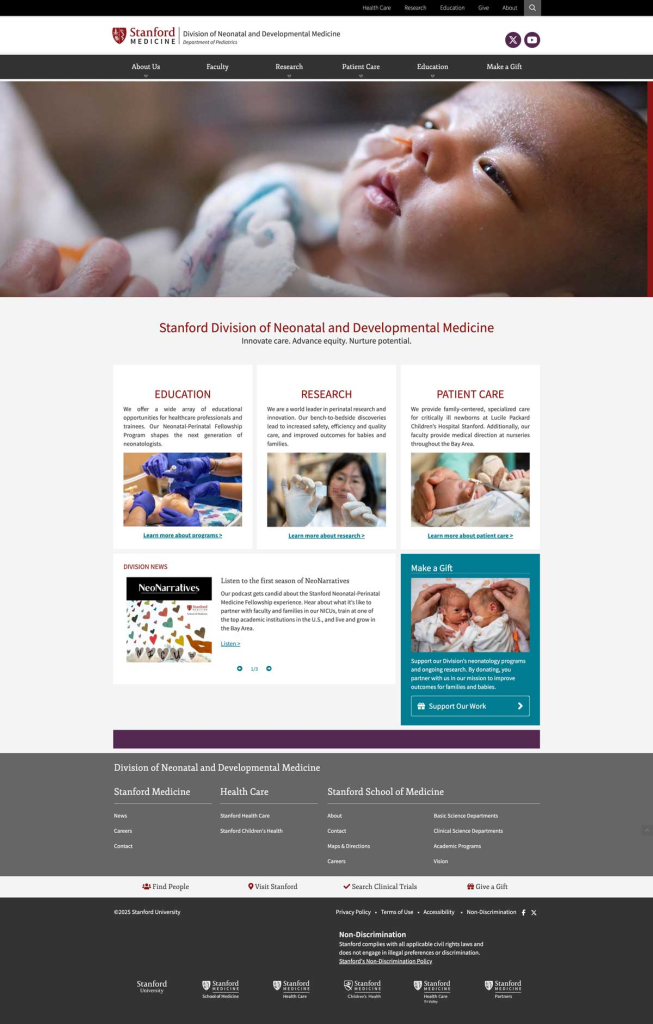 Screenshot of the Stanford Division of Neonatal and Developmental Medicine website, redesigned by Wired Moon in Adobe Experience Manager. Home Page