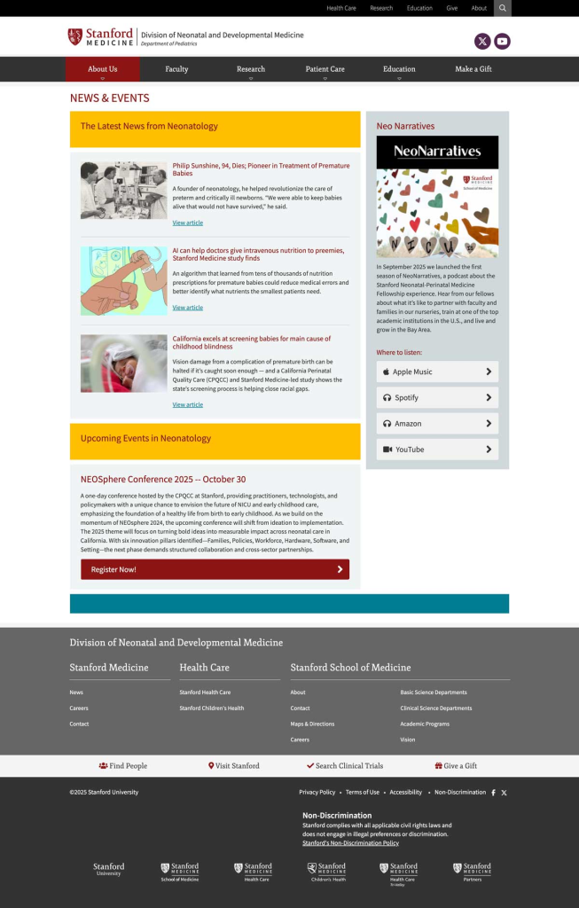 Screenshot of the Stanford Division of Neonatal and Developmental Medicine website, redesigned by Wired Moon in Adobe Experience Manager - News & Events Page