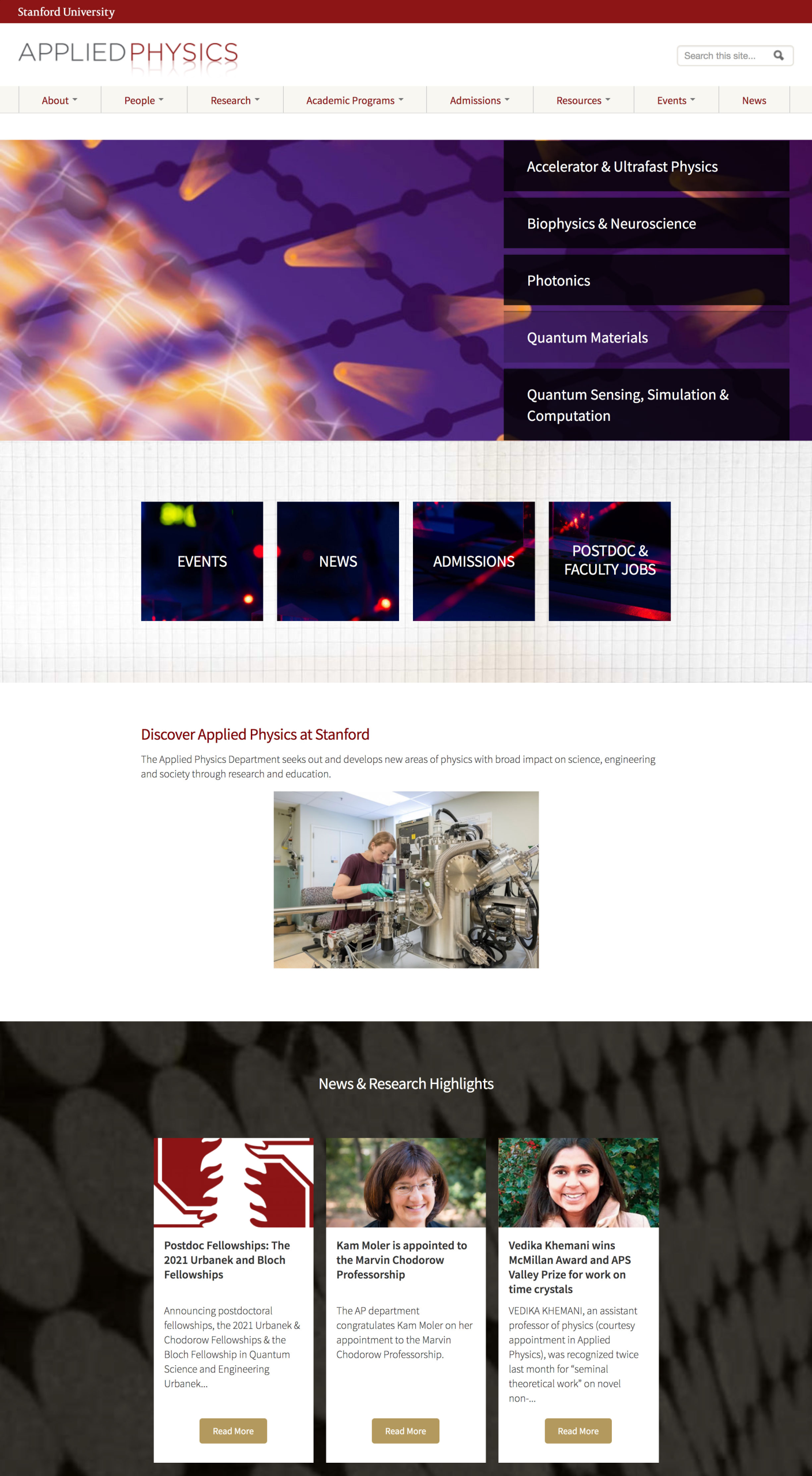 Stanford Applied Physics program website rebuilt in Drupal by Wired Moon with custom content types and faculty self-service profiles - Home Page
