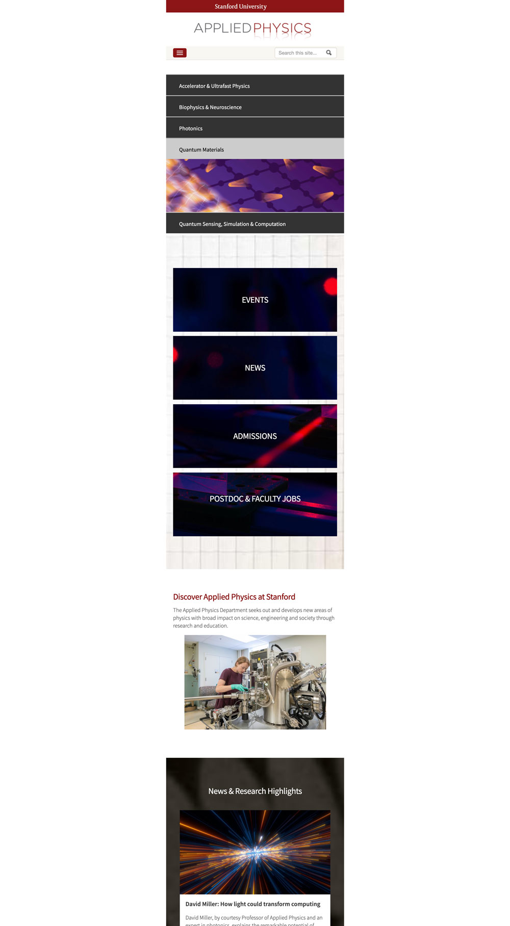 Stanford Applied Physics program website rebuilt in Drupal by Wired Moon with custom content types and faculty self-service profiles - Home Page (Mobile View))